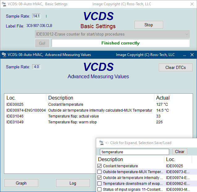 Screenshot of VCDS Basic Settings Adv Meas Values