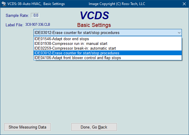 Screenshot of VCDS Basic Settings drop-down list
