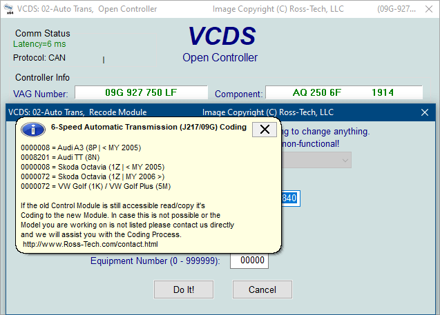 Screenshot of VCDS Coding balloon