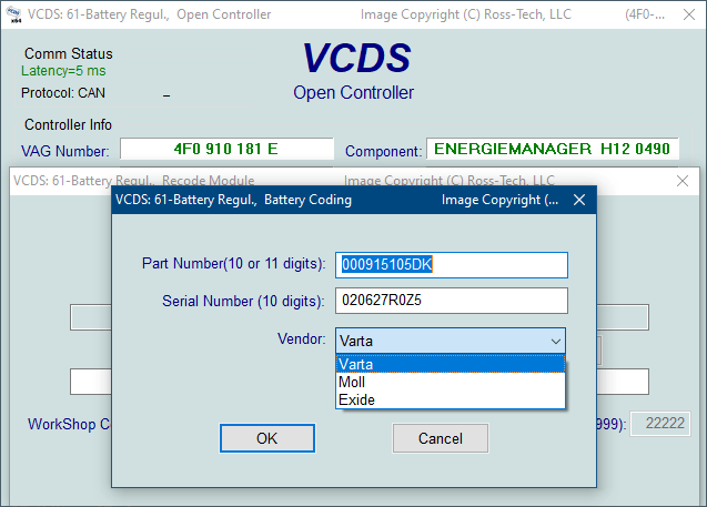 Screenshot of VCDS Battery Coding