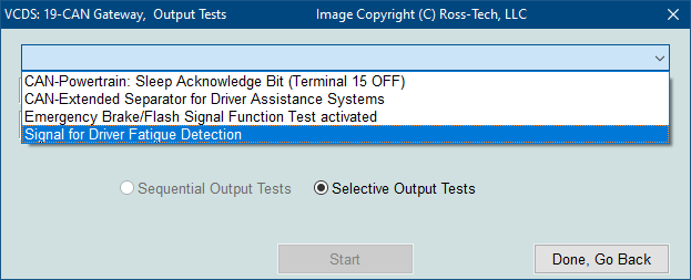 Screenshot of VCDS Selective Output Tests 2