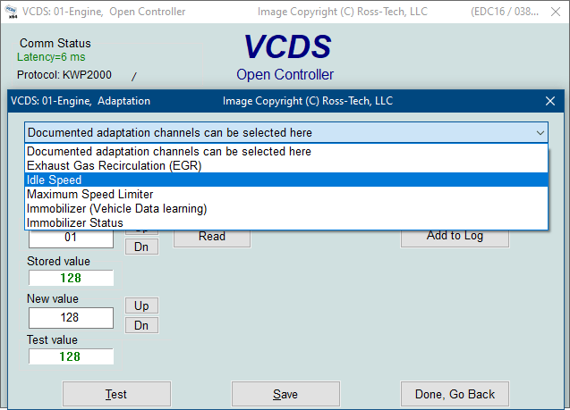 Screenshot of VCDS Adaptation drop down menu