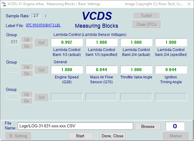 screenshot of the VCDS data logging dual ECUs screen