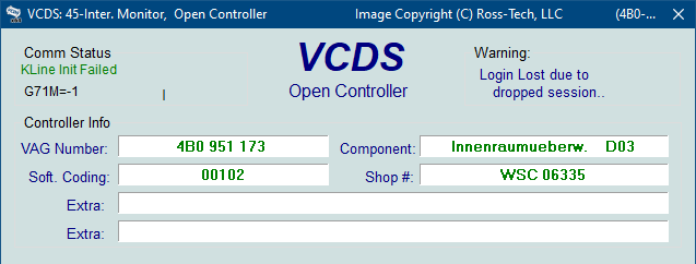 Screenshot of VCDS Login lost