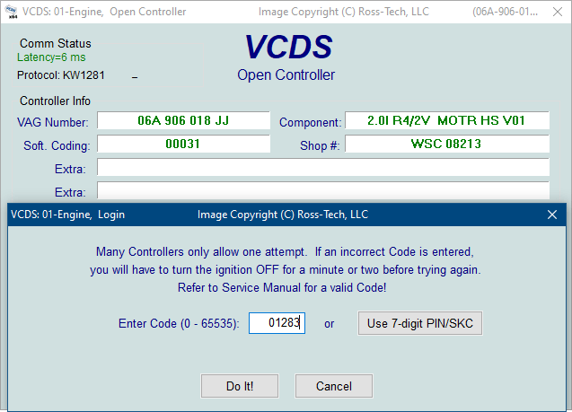 Screenshot of VCDS Login screen