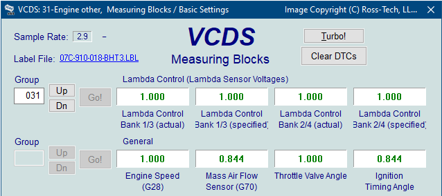 screenshot of the VCDS dual measuring blocks screen