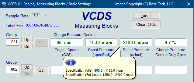 screenshot of the VCDS measuring blocks label screen