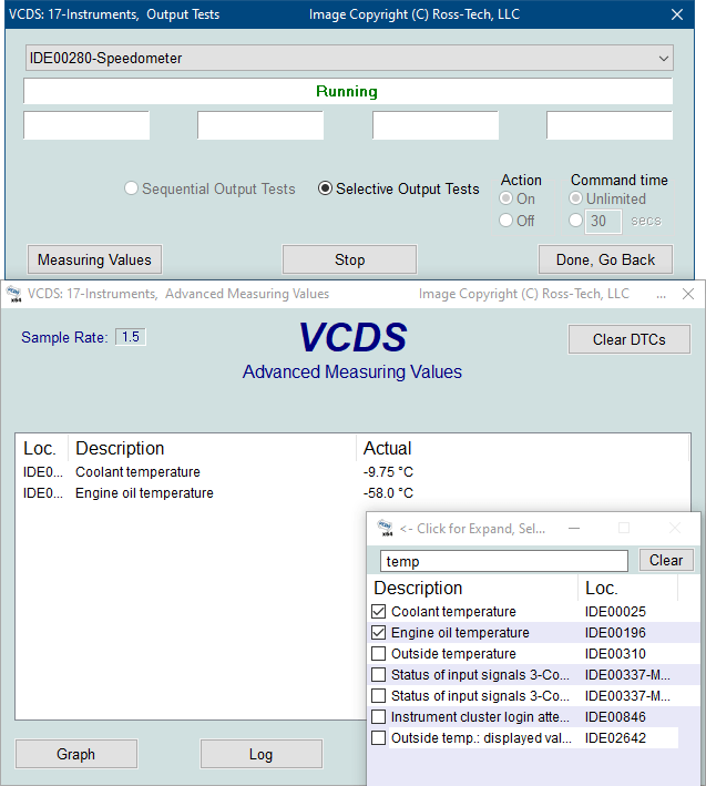 Screenshot of VCDS Output Tests Select Meas Values