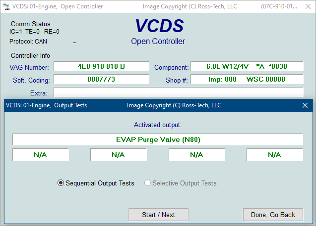 Screenshot of VCDS Output Tests screen
