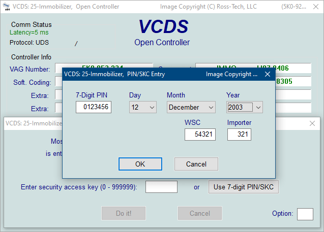 Screenshot of VCDS 7-digit PIN/SKC screen