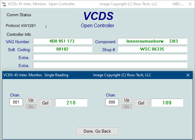 screenshot of the VCDS Single Reading screen